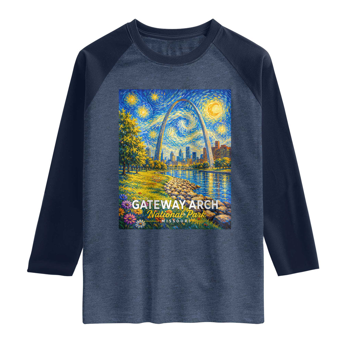 Gateway Arch National Park Van Gogh Style Starry Night Raglan Shirt St Louis Missouri Travel Souvenir Gift