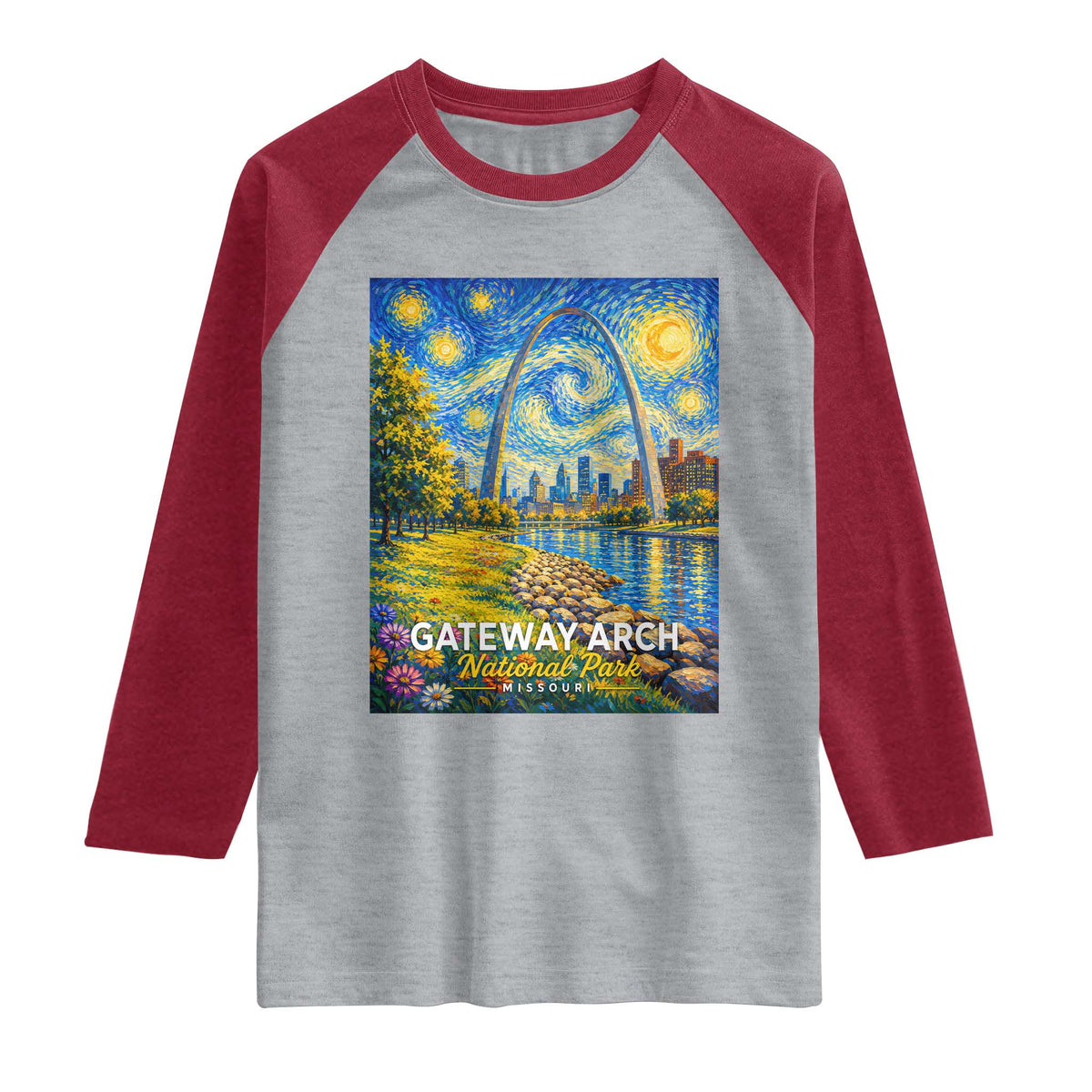 Gateway Arch National Park Van Gogh Style Starry Night Raglan Shirt St Louis Missouri Travel Souvenir Gift