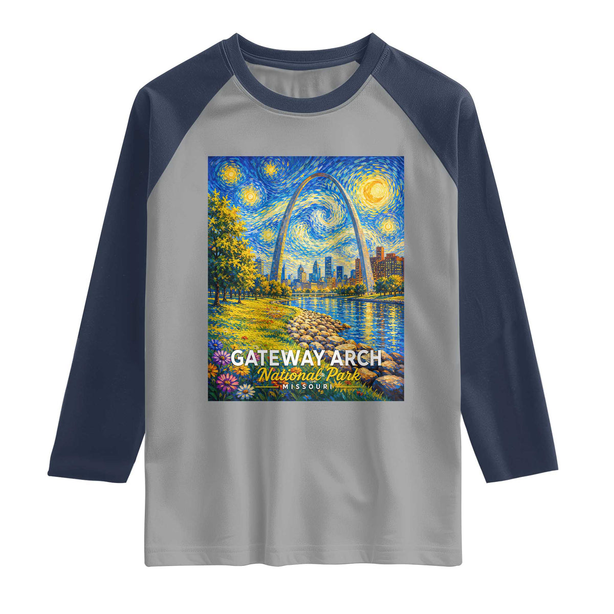 Gateway Arch National Park Van Gogh Style Starry Night Raglan Shirt St Louis Missouri Travel Souvenir Gift