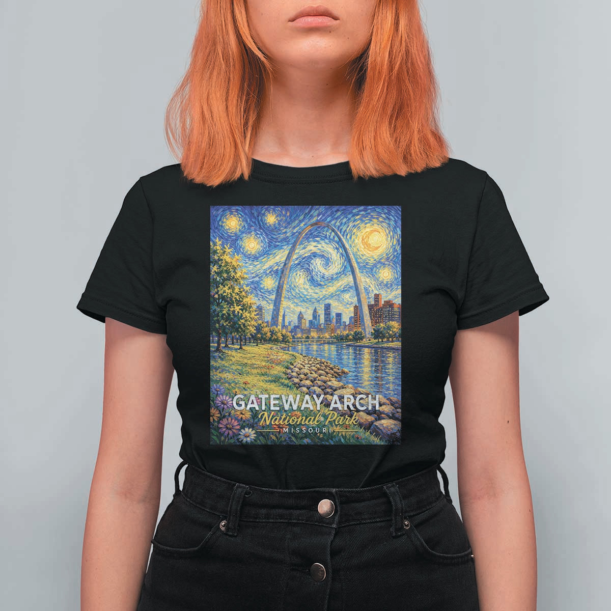 Gateway Arch National Park Van Gogh Style Starry Night T Shirt For Women St Louis Missouri Travel Souvenir Gift