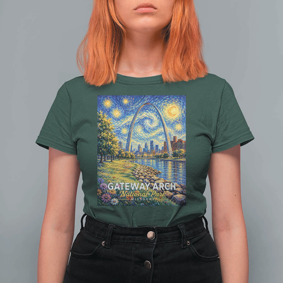 Gateway Arch National Park Van Gogh Style Starry Night T Shirt For Women St Louis Missouri Travel Souvenir Gift