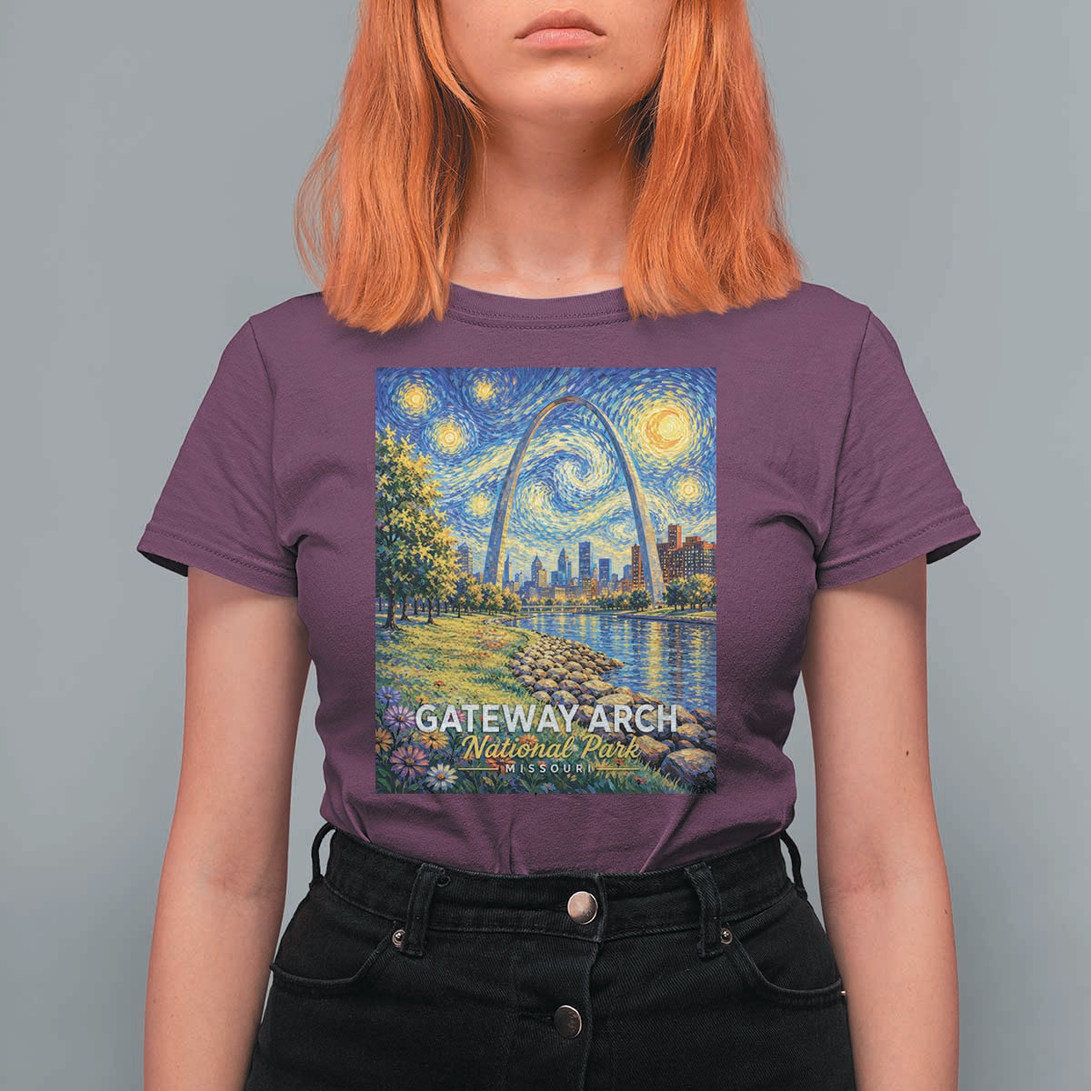 Gateway Arch National Park Van Gogh Style Starry Night T Shirt For Women St Louis Missouri Travel Souvenir Gift