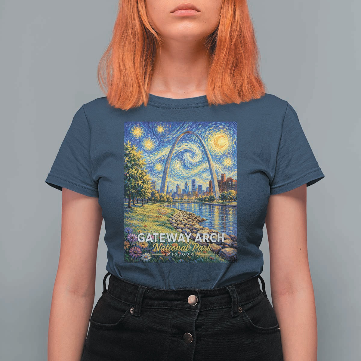 Gateway Arch National Park Van Gogh Style Starry Night T Shirt For Women St Louis Missouri Travel Souvenir Gift