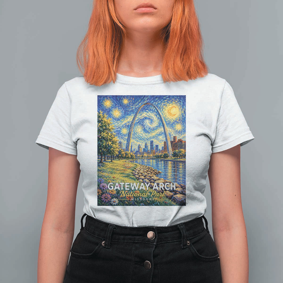 Gateway Arch National Park Van Gogh Style Starry Night T Shirt For Women St Louis Missouri Travel Souvenir Gift
