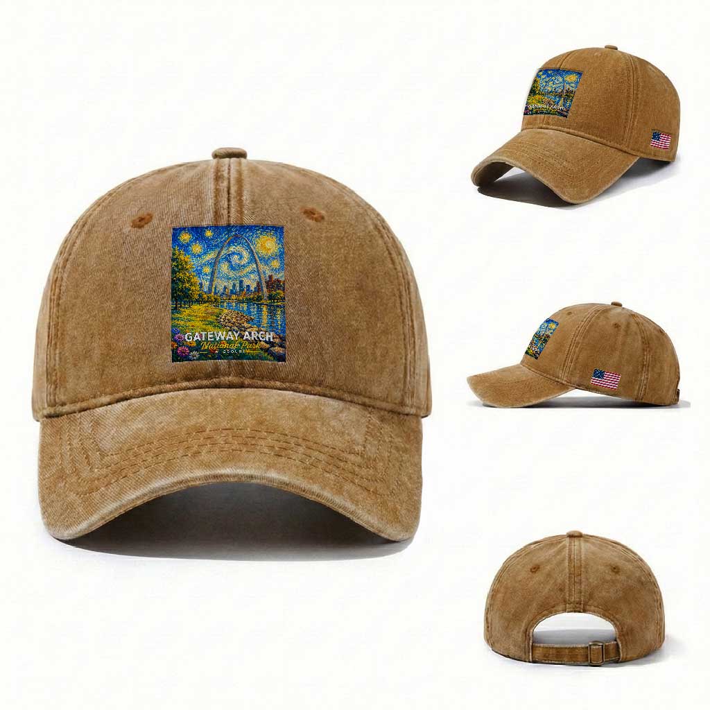 Gateway Arch National Park Van Gogh Style Starry Night Washed Cotton Baseball Cap St Louis Missouri Travel Souvenir Gift
