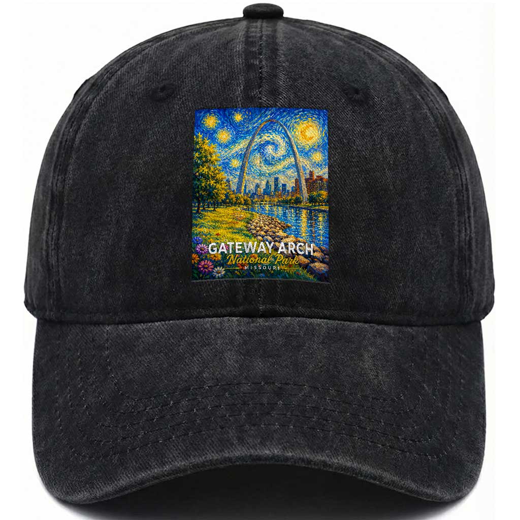 Gateway Arch National Park Van Gogh Style Starry Night Washed Cotton Baseball Cap St Louis Missouri Travel Souvenir Gift