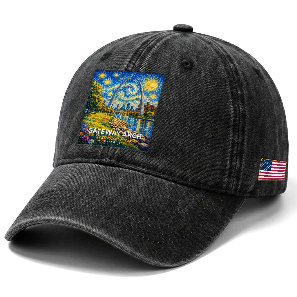 Gateway Arch National Park Van Gogh Style Starry Night Washed Cotton Baseball Cap St Louis Missouri Travel Souvenir Gift