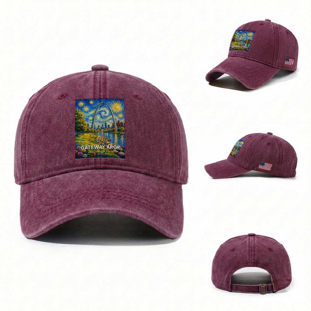 Gateway Arch National Park Van Gogh Style Starry Night Washed Cotton Baseball Cap St Louis Missouri Travel Souvenir Gift