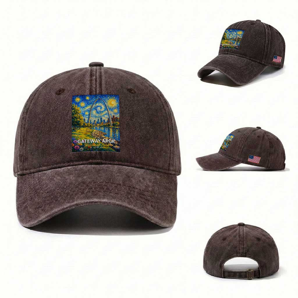 Gateway Arch National Park Van Gogh Style Starry Night Washed Cotton Baseball Cap St Louis Missouri Travel Souvenir Gift