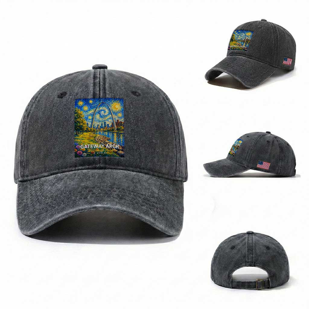 Gateway Arch National Park Van Gogh Style Starry Night Washed Cotton Baseball Cap St Louis Missouri Travel Souvenir Gift