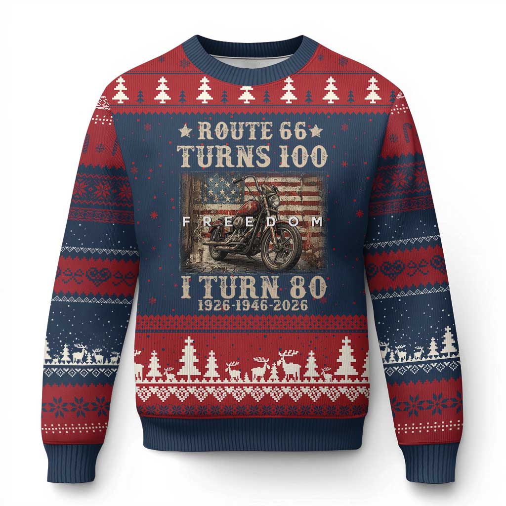 Route Highway 66 Turns 100 I Turn 80 Ugly Christmas Sweater Vintage 1946 American Freedom Motorcycle Lover 80th Birthday Gift