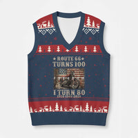 Route Highway 66 Turns 100 I Turn 80 V-Neck Knit Sweater Vest Vintage 1946 American Freedom Motorcycle Lover 80th Birthday Gift