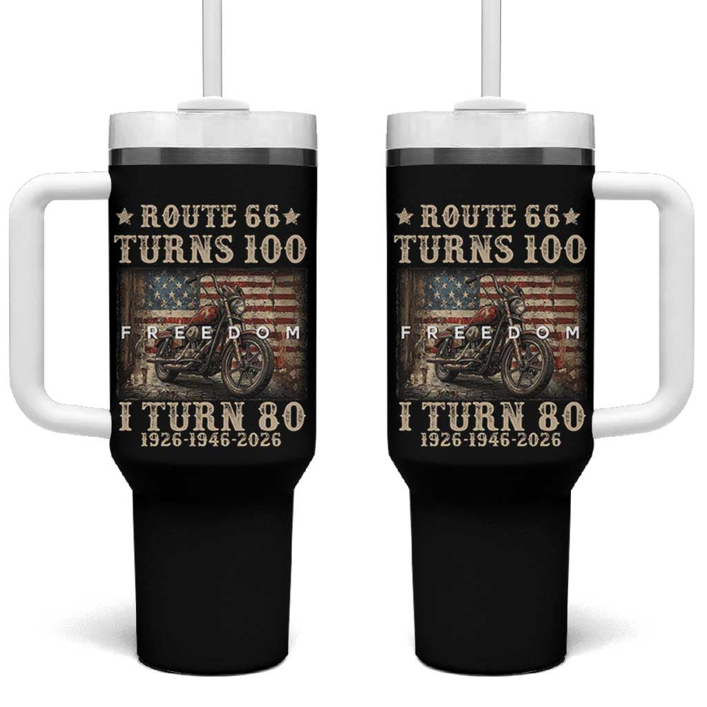 Route Highway 66 Turns 100 I Turn 80 Tumbler With Handle Vintage 1946 American Freedom Motorcycle Lover 80th Birthday Gift