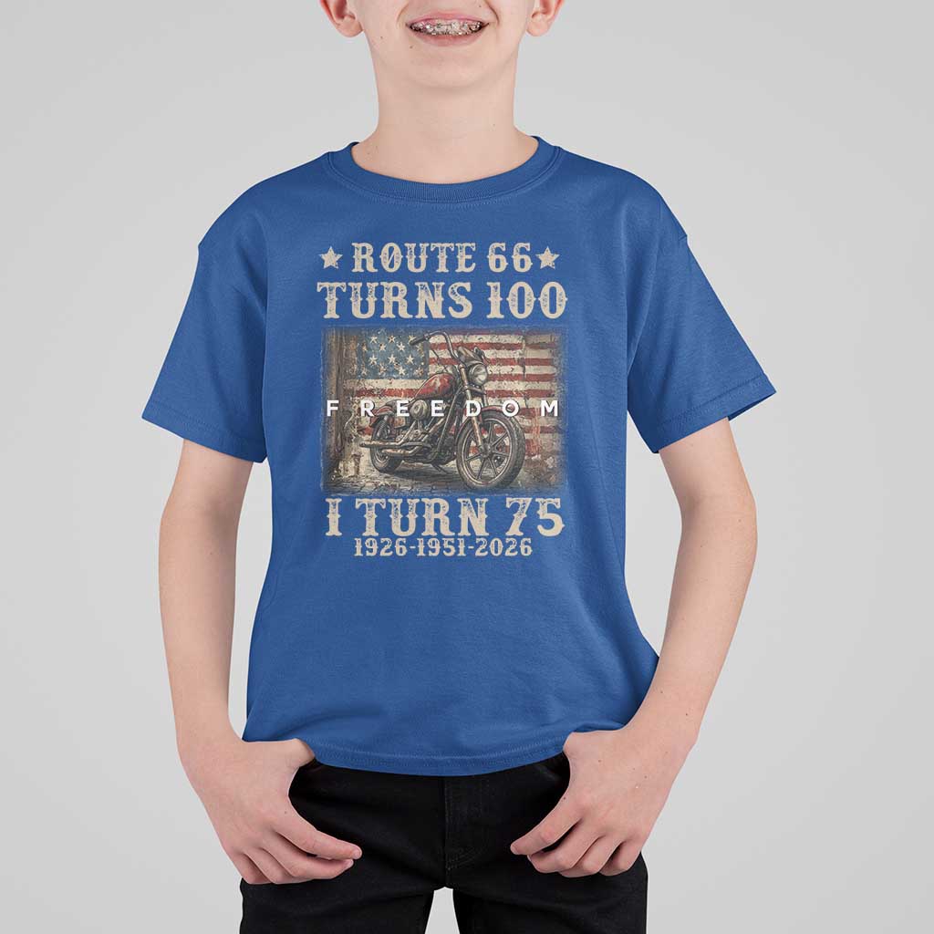 Route Highway 66 Turns 100 I Turn 75 T Shirt For Kid Vintage 1951 American Freedom Motorcycle Lover 75th Birthday Gift
