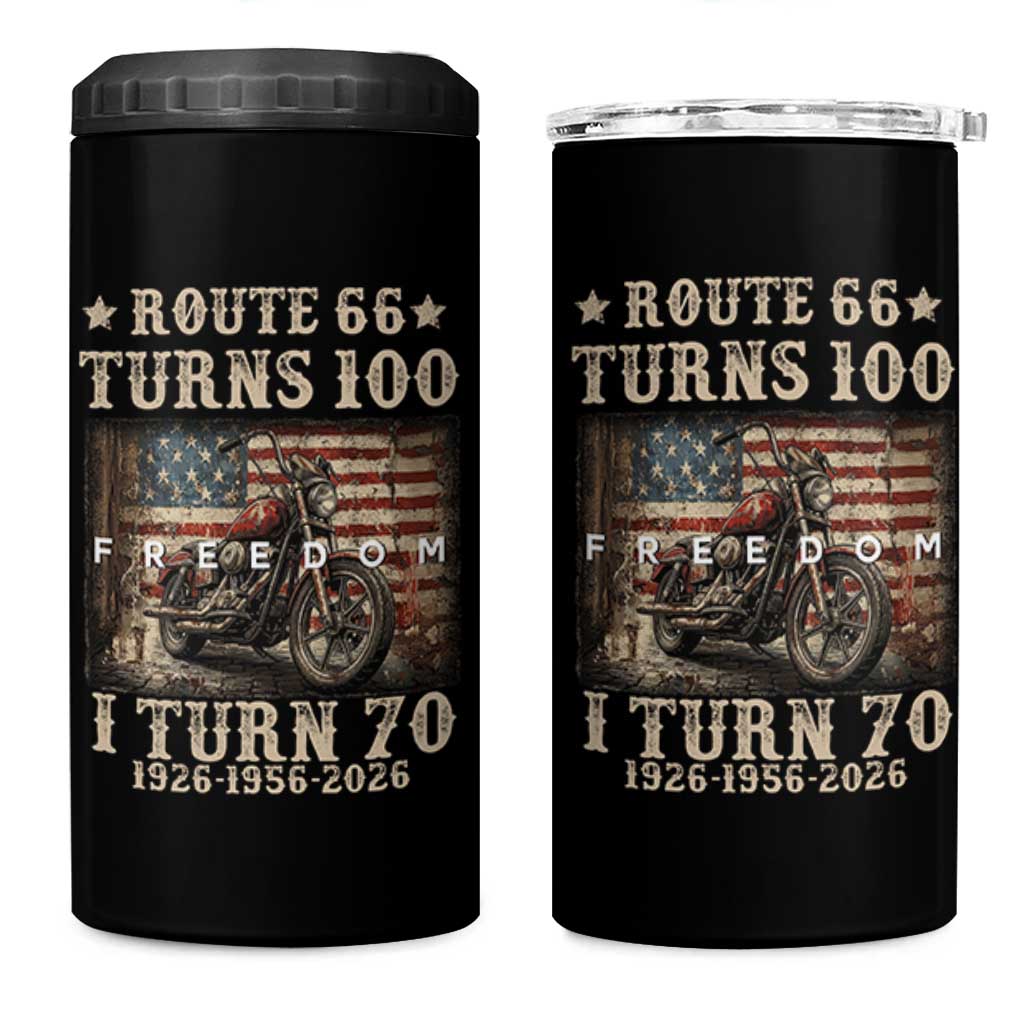 Route Highway 66 Turns 100 I Turn 70 4 in 1 Can Cooler Tumbler Vintage 1956 American Freedom Motorcycle Lover 70th Birthday Gift