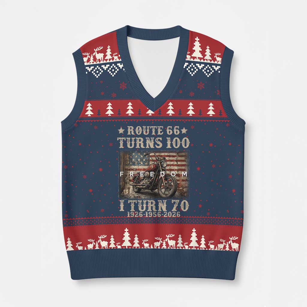 Route Highway 66 Turns 100 I Turn 70 V-Neck Knit Sweater Vest Vintage 1956 American Freedom Motorcycle Lover 70th Birthday Gift