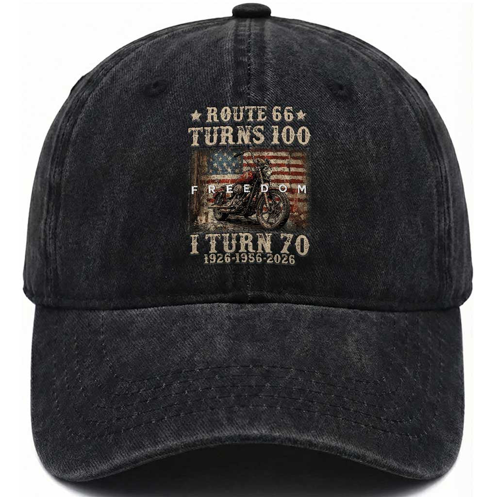 Route Highway 66 Turns 100 I Turn 70 Washed Cotton Baseball Cap Vintage 1956 American Freedom Motorcycle Lover 70th Birthday Gift