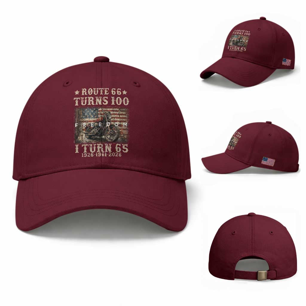 Route Highway 66 Turns 100 I Turn 65 Baseball Cap Vintage 1961 American Freedom Motorcycle Lover 65th Birthday Gift