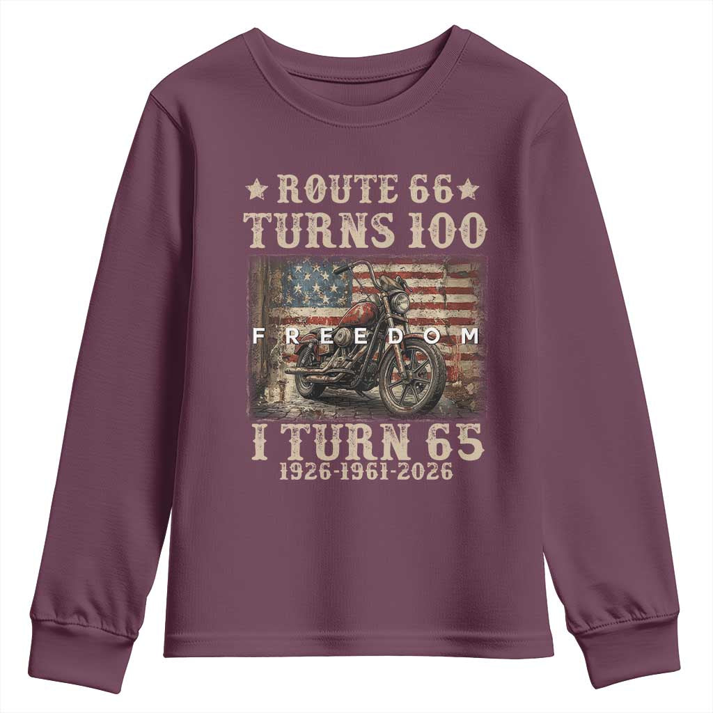 Route Highway 66 Turns 100 I Turn 65 Youth Sweatshirt Vintage 1961 American Freedom Motorcycle Lover 65th Birthday Gift