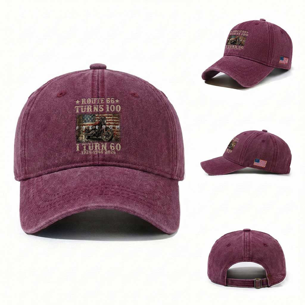 Route Highway 66 Turns 100 I Turn 60 Washed Cotton Baseball Cap Vintage 1966 American Freedom Motorcycle Lover 60th Birthday Gift