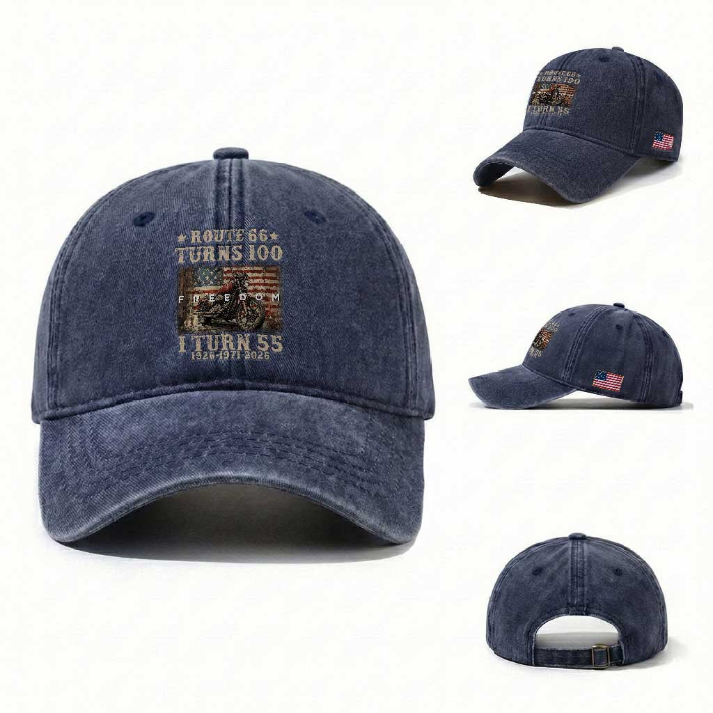 Route Highway 66 Turns 100 I Turn 55 Washed Cotton Baseball Cap Vintage 1971 American Freedom Motorcycle Lover 55th Birthday Gift