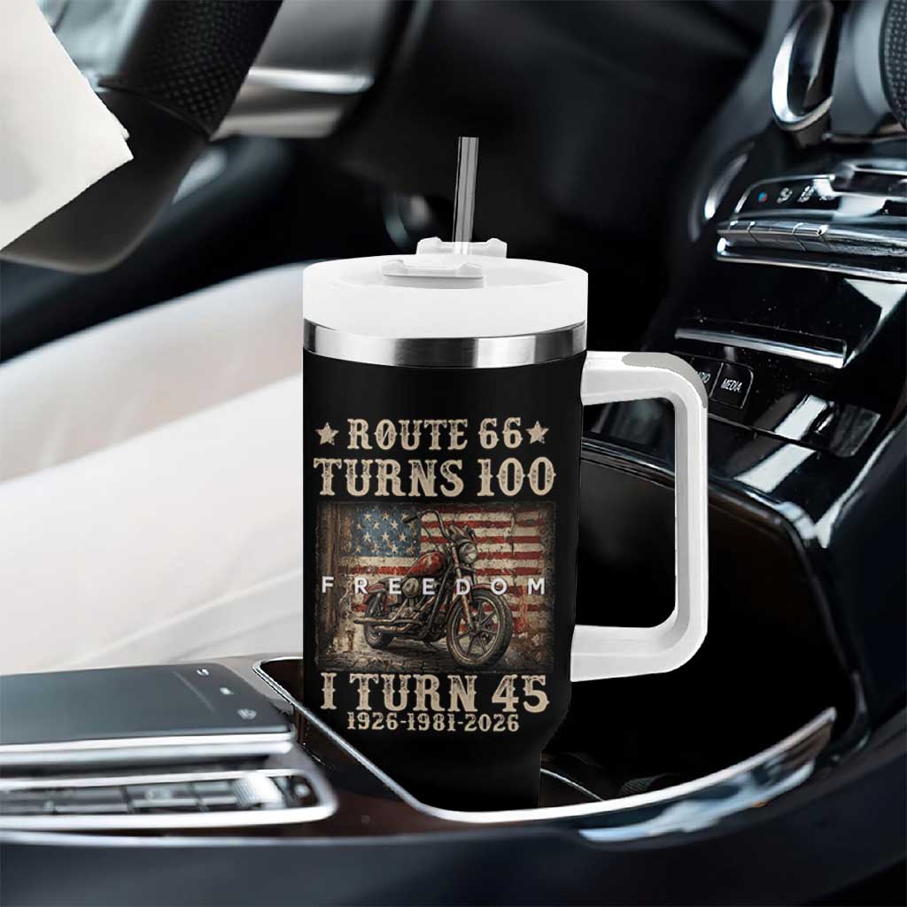 Route Highway 66 Turns 100 I Turn 45 Tumbler With Handle Vintage 1981 American Freedom Motorcycle Lover 45th Birthday Gift