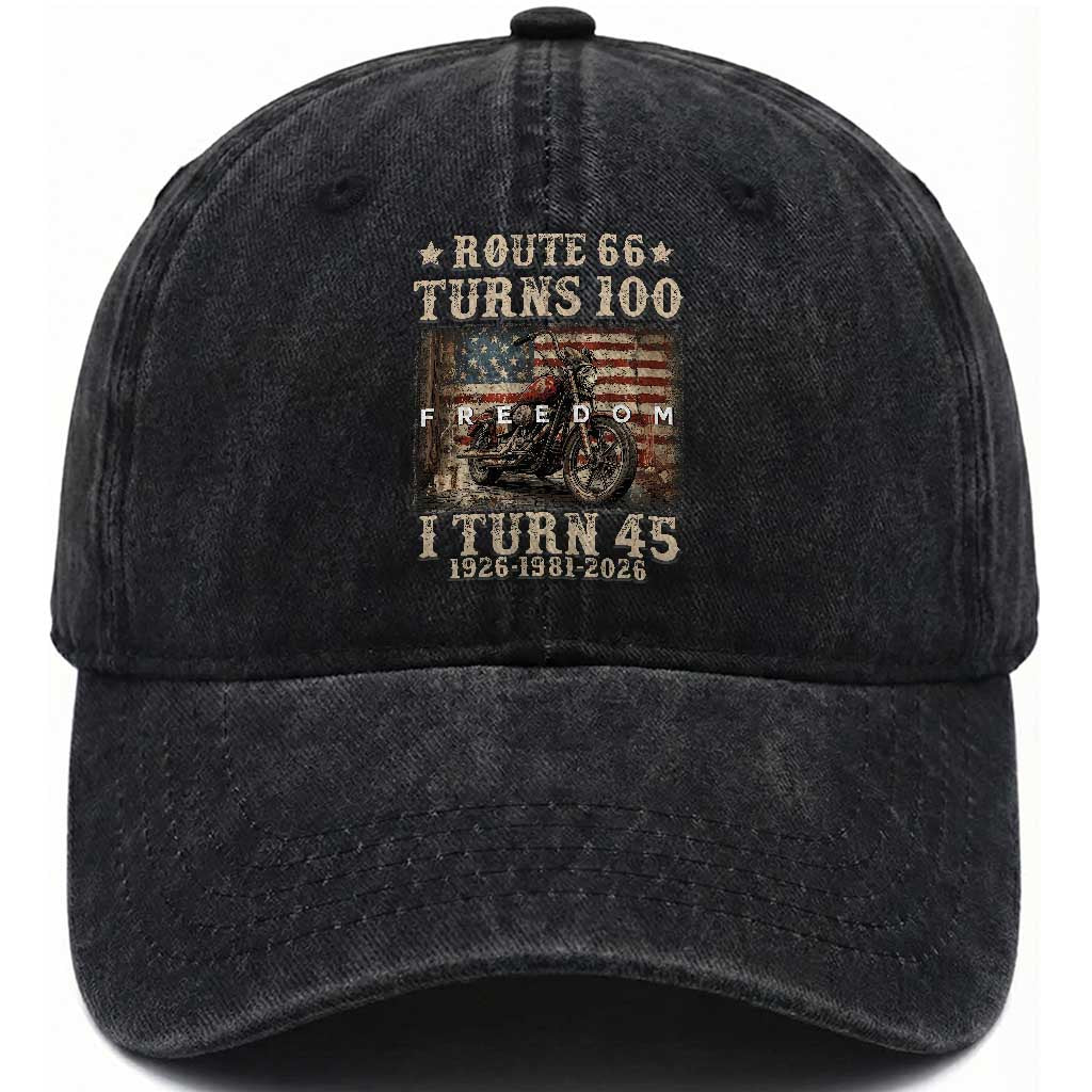 Route Highway 66 Turns 100 I Turn 45 Washed Cotton Baseball Cap Vintage 1981 American Freedom Motorcycle Lover 45th Birthday Gift