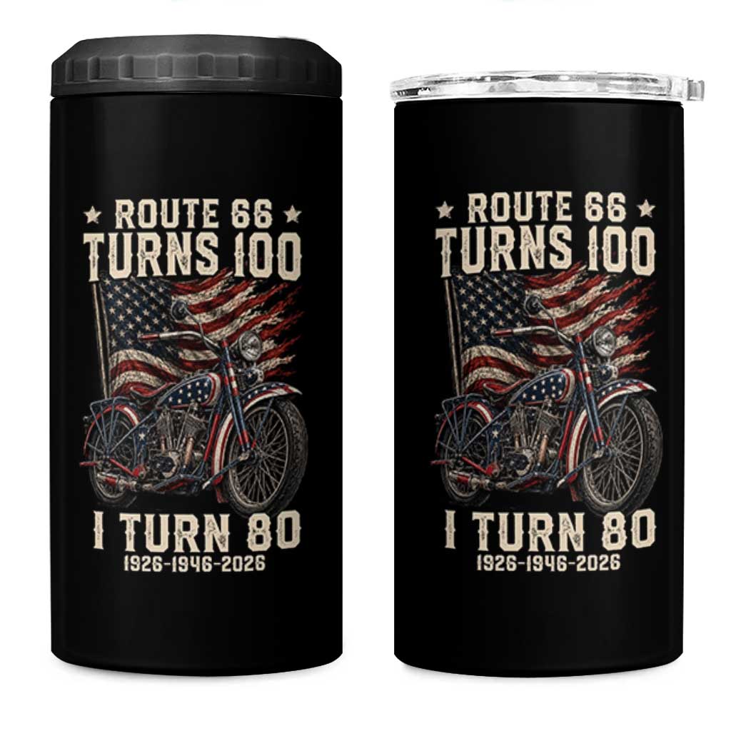 Route Highway 66 Turns 100 I Turn 80 4 in 1 Can Cooler Tumbler Vintage 1946 American Classic V-Twin Motorcycle Lover 80th Birthday Gift