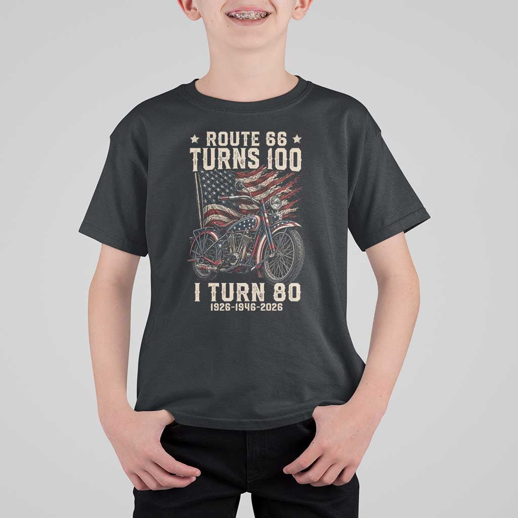 Route Highway 66 Turns 100 I Turn 80 T Shirt For Kid Vintage 1946 American Classic V-Twin Motorcycle Lover 80th Birthday Gift