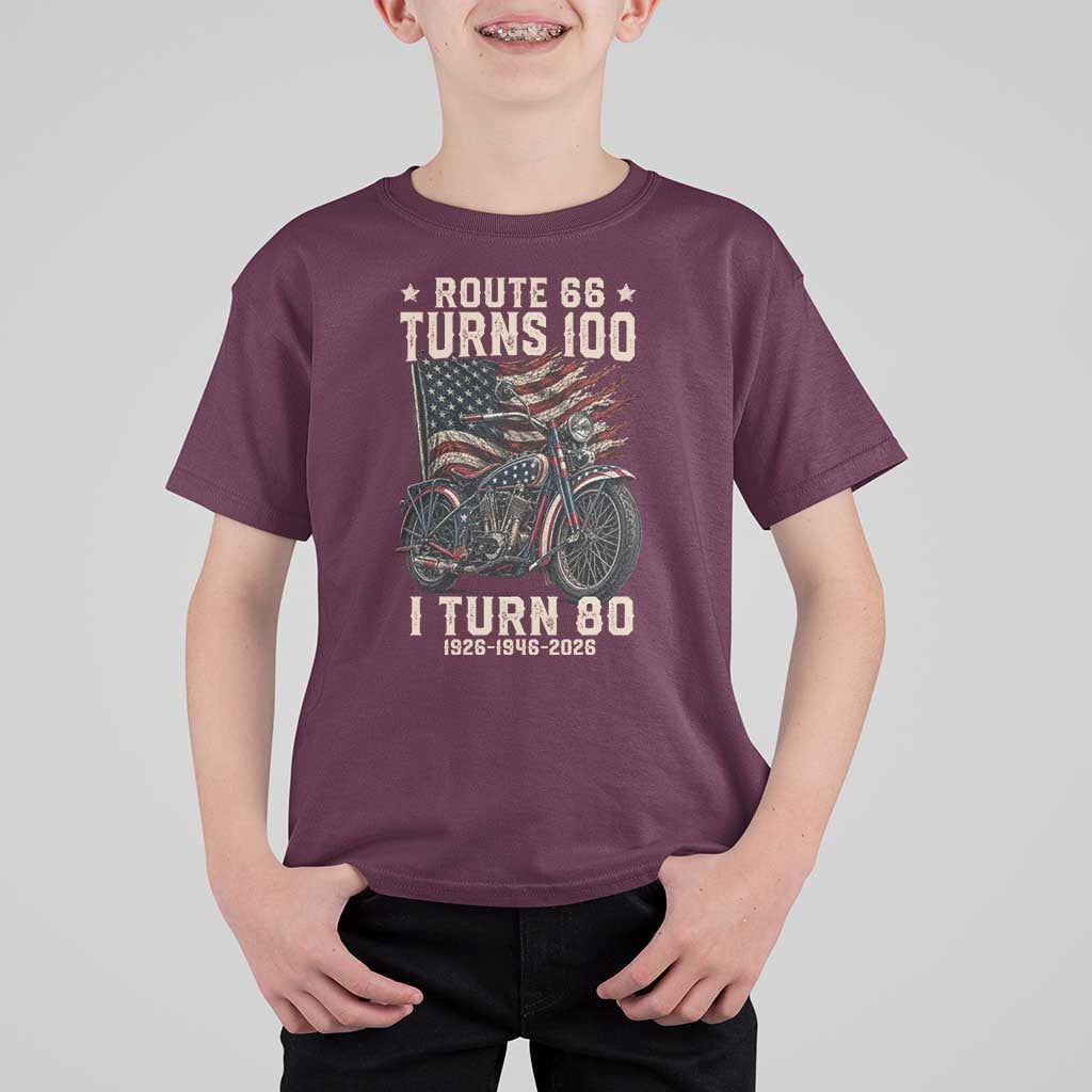 Route Highway 66 Turns 100 I Turn 80 T Shirt For Kid Vintage 1946 American Classic V-Twin Motorcycle Lover 80th Birthday Gift