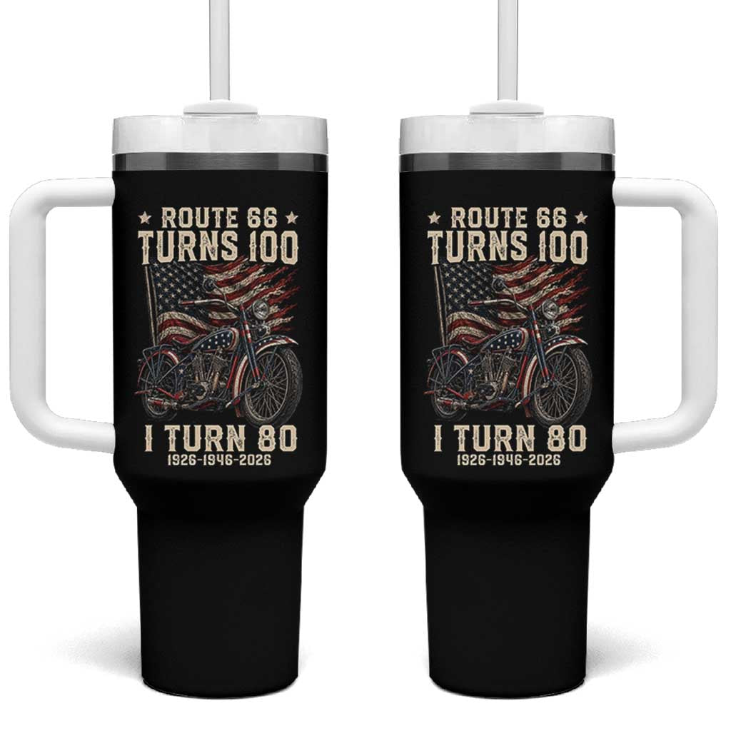 Route Highway 66 Turns 100 I Turn 80 Tumbler With Handle Vintage 1946 American Classic V-Twin Motorcycle Lover 80th Birthday Gift