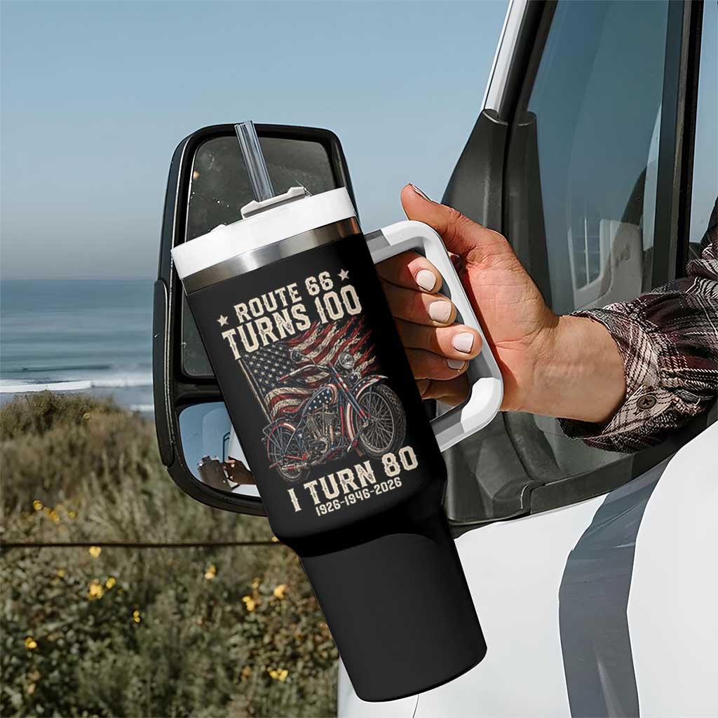 Route Highway 66 Turns 100 I Turn 80 Tumbler With Handle Vintage 1946 American Classic V-Twin Motorcycle Lover 80th Birthday Gift
