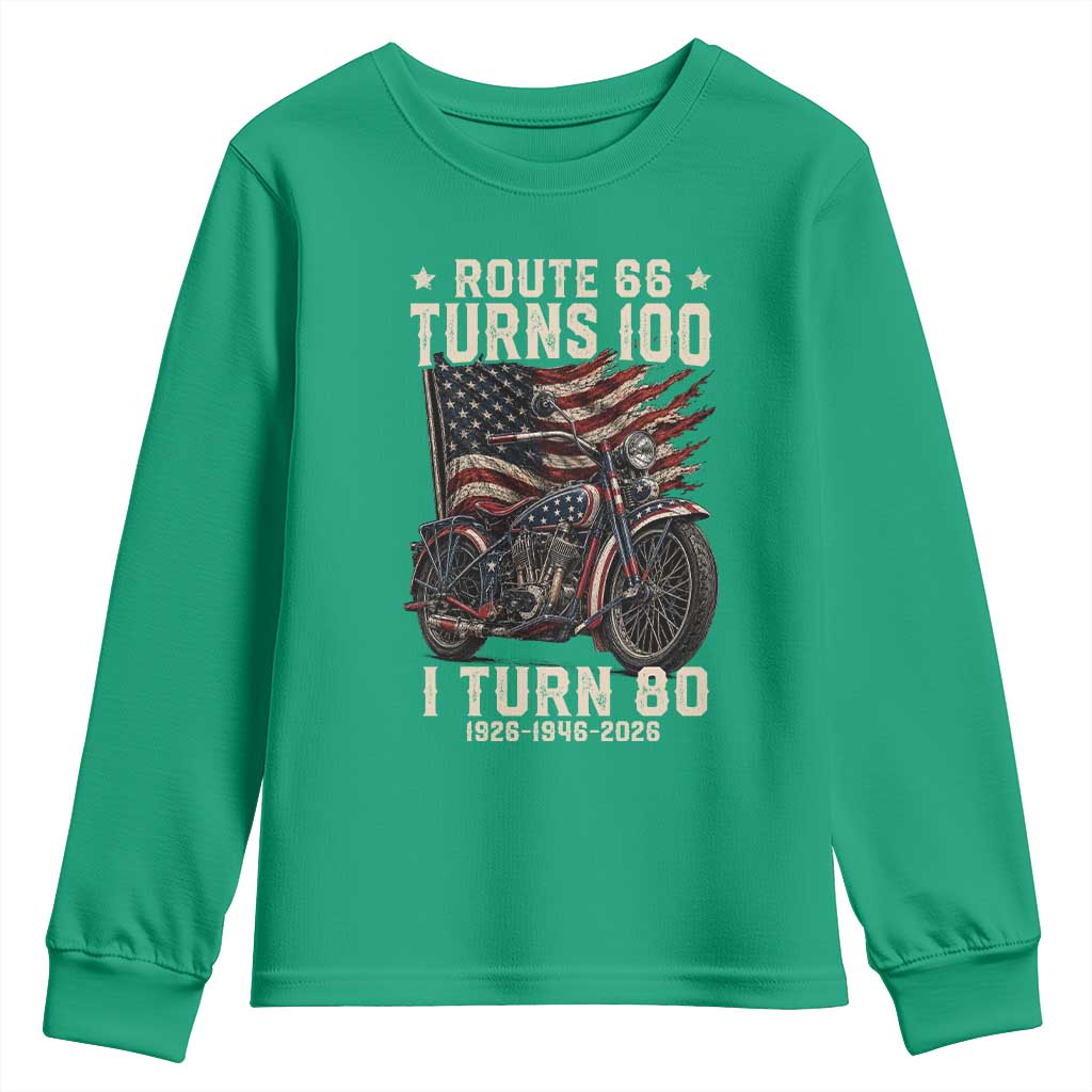 Route Highway 66 Turns 100 I Turn 80 Youth Sweatshirt Vintage 1946 American Classic V-Twin Motorcycle Lover 80th Birthday Gift