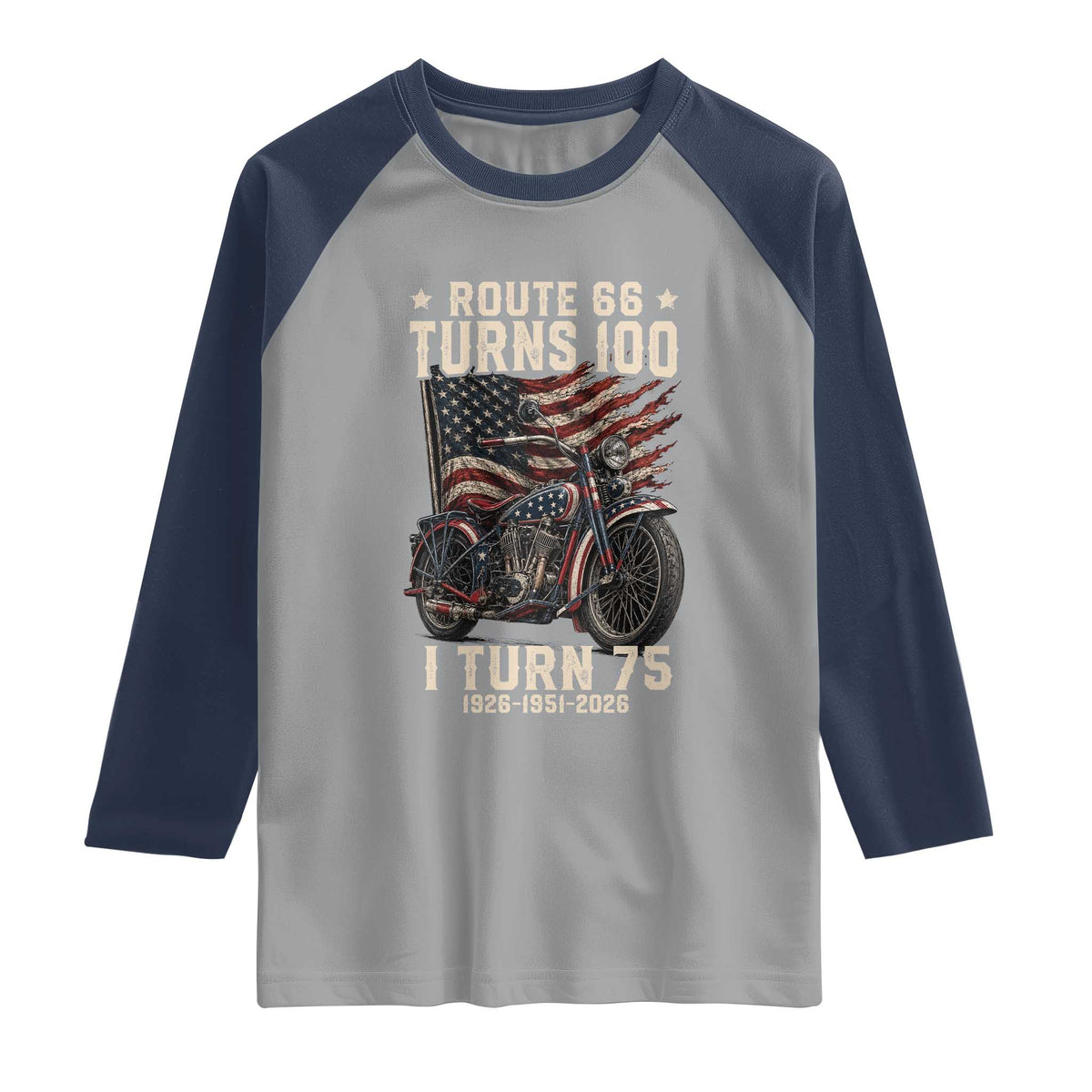 Route Highway 66 Turns 100 I Turn 75 Raglan Shirt Vintage 1951 American Classic V-Twin Motorcycle Lover 75th Birthday Gift
