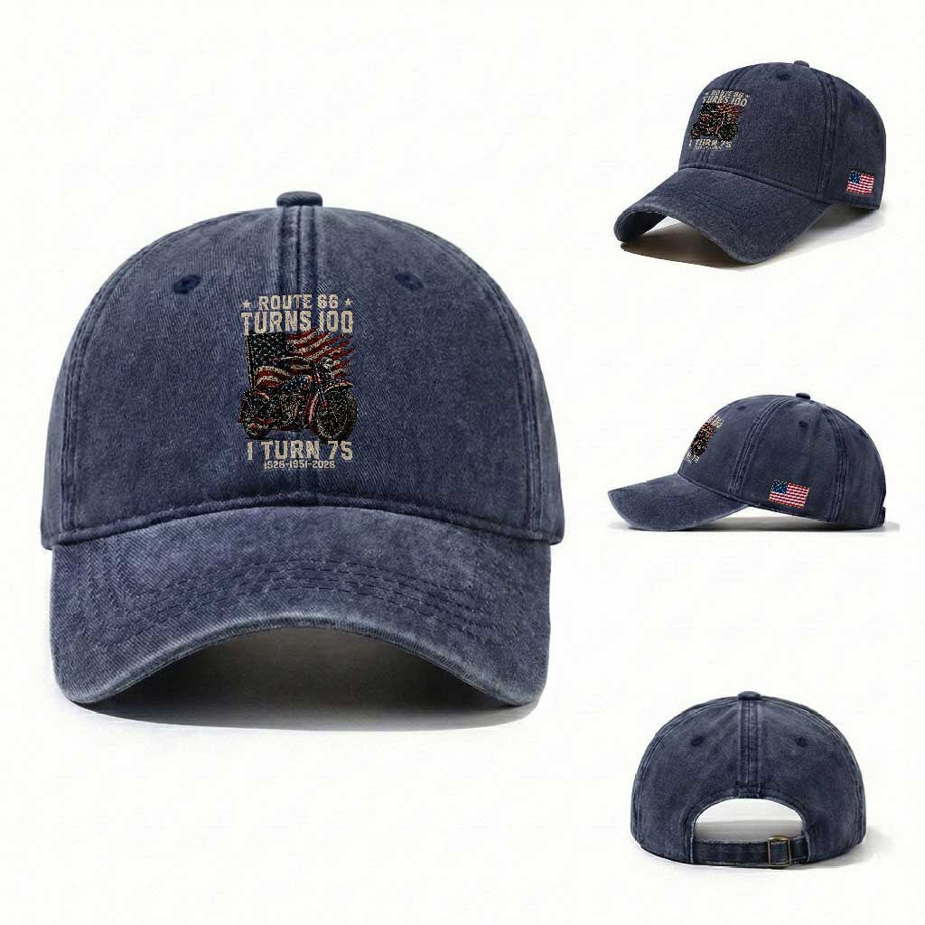 Route Highway 66 Turns 100 I Turn 75 Washed Cotton Baseball Cap Vintage 1951 American Classic V-Twin Motorcycle Lover 75th Birthday Gift