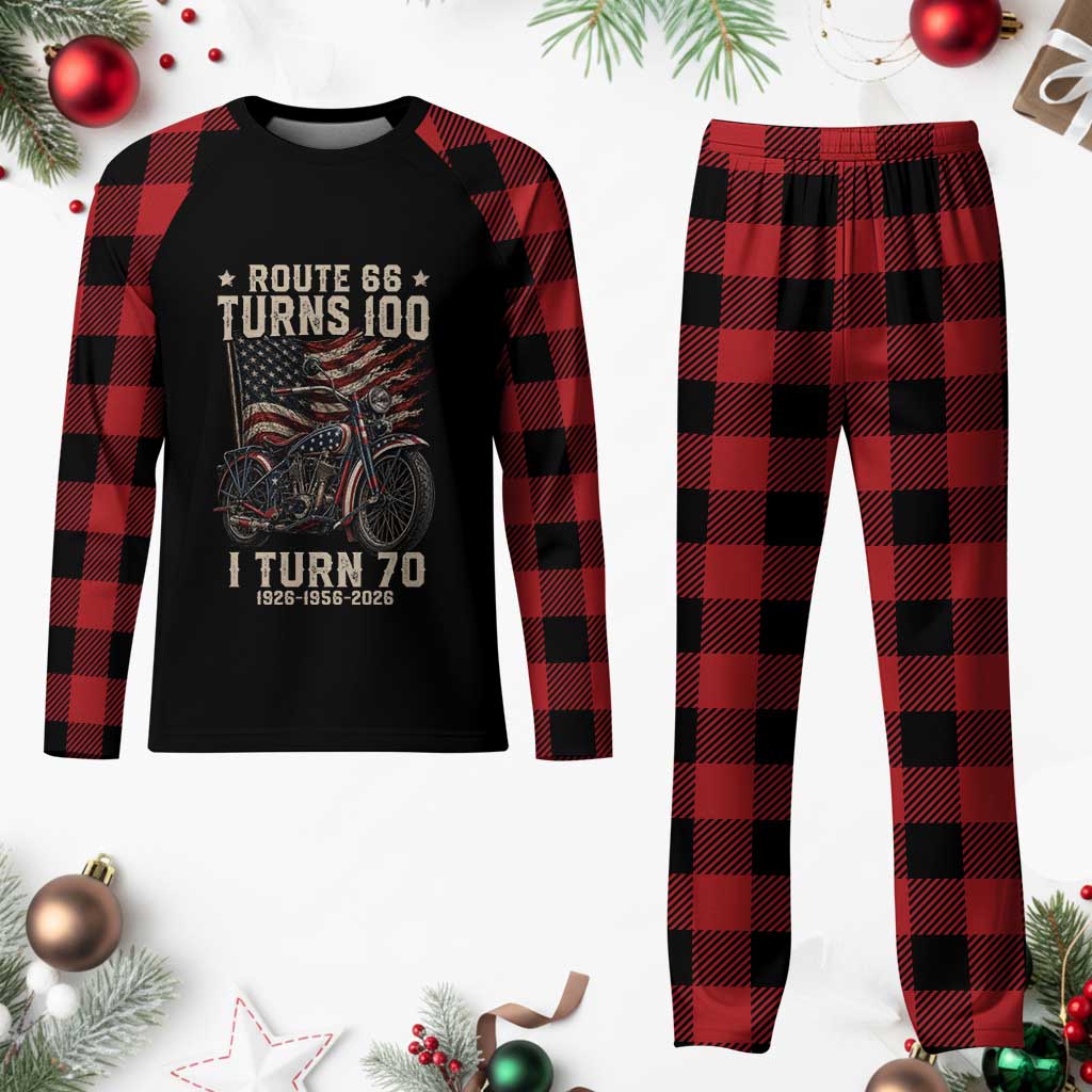 Route Highway 66 Turns 100 I Turn 70 Plaid Pajama Set Vintage 1956 American Classic V-Twin Motorcycle Lover 70th Birthday Gift