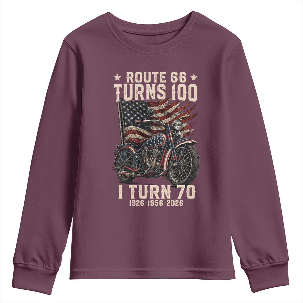 Route Highway 66 Turns 100 I Turn 70 Youth Sweatshirt Vintage 1956 American Classic V-Twin Motorcycle Lover 70th Birthday Gift