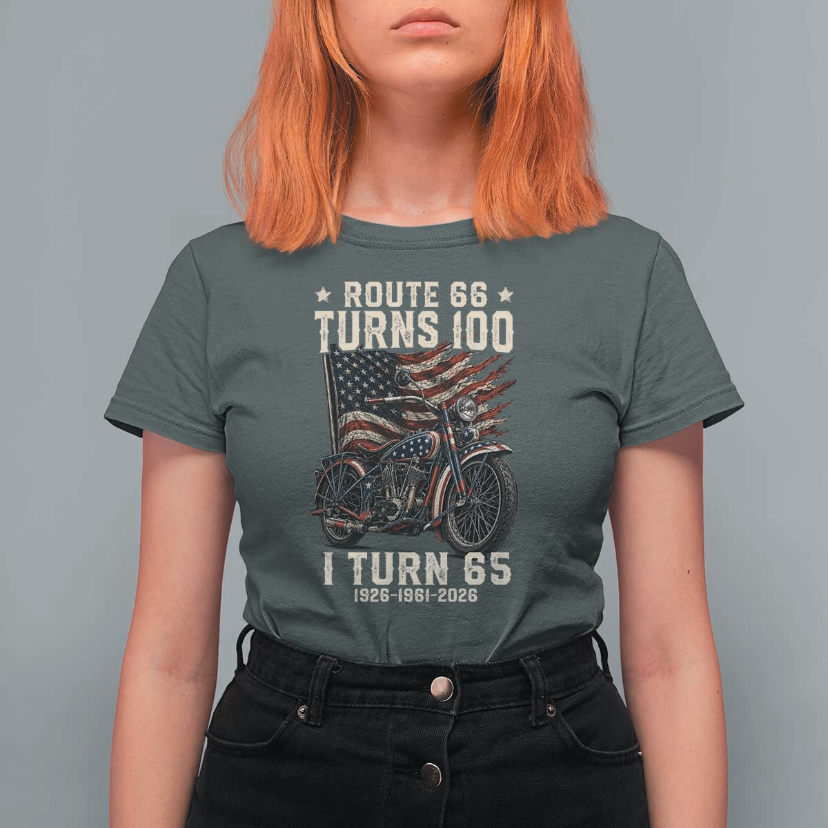 Route Highway 66 Turns 100 I Turn 65 T Shirt For Women Vintage 1961 American Classic V-Twin Motorcycle Lover 65th Birthday Gift