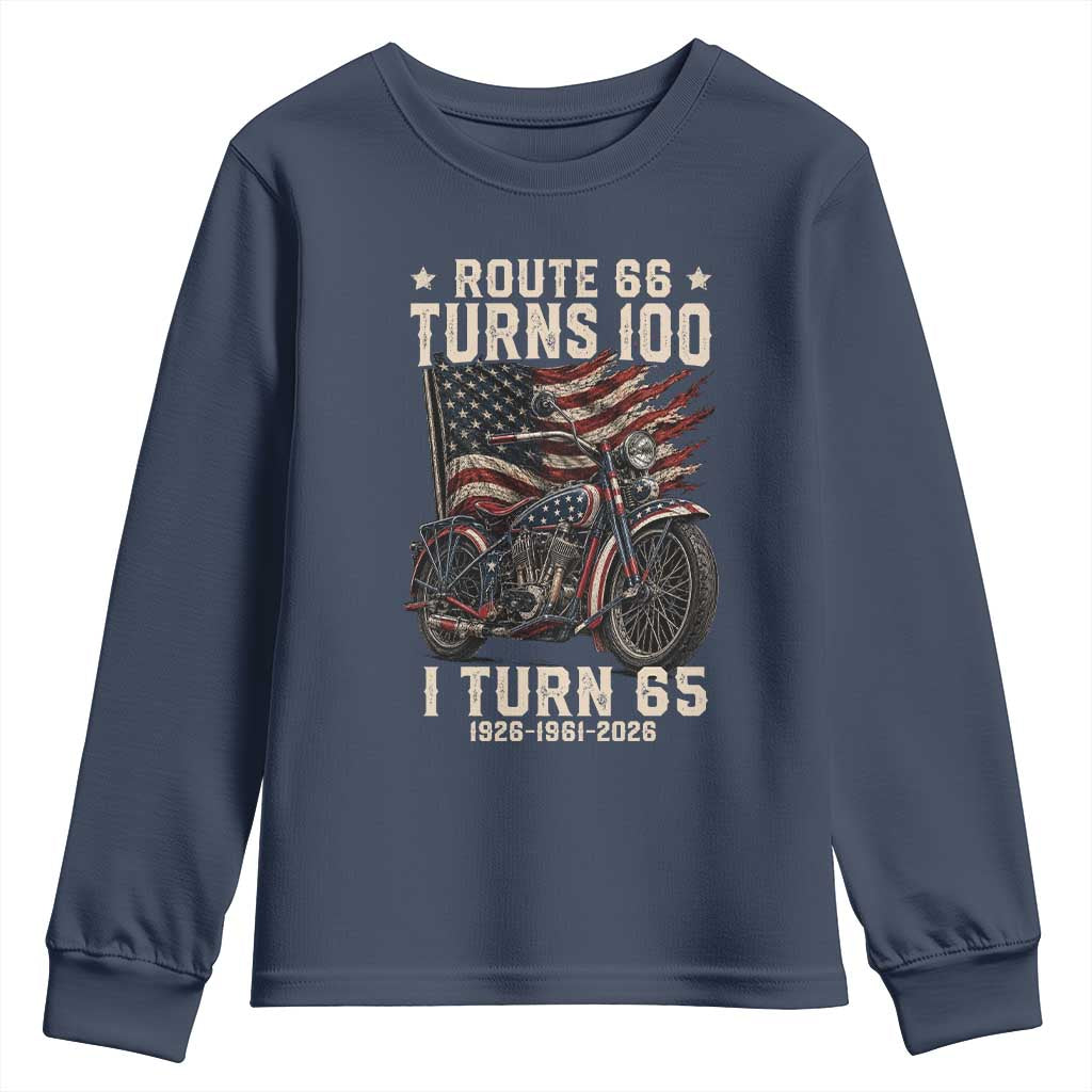 Route Highway 66 Turns 100 I Turn 65 Youth Sweatshirt Vintage 1961 American Classic V-Twin Motorcycle Lover 65th Birthday Gift