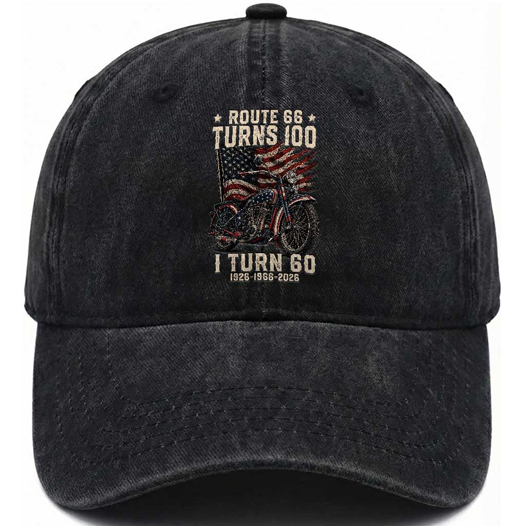 Route Highway 66 Turns 100 I Turn 60 Washed Cotton Baseball Cap Vintage 1966 American Classic V-Twin Motorcycle Lover 60th Birthday Gift
