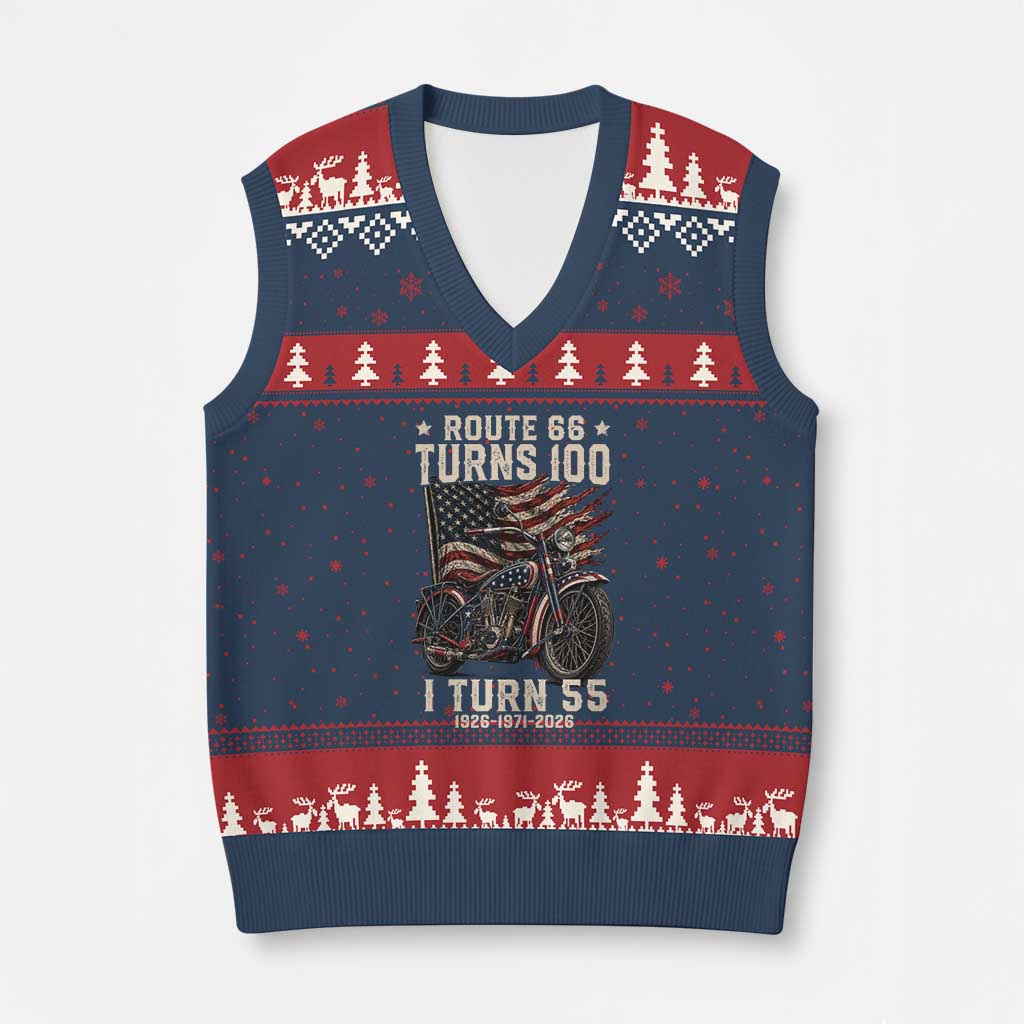 Route Highway 66 Turns 100 I Turn 55 V-Neck Knit Sweater Vest Vintage 1971 American Classic V-Twin Motorcycle Lover 55th Birthday Gift