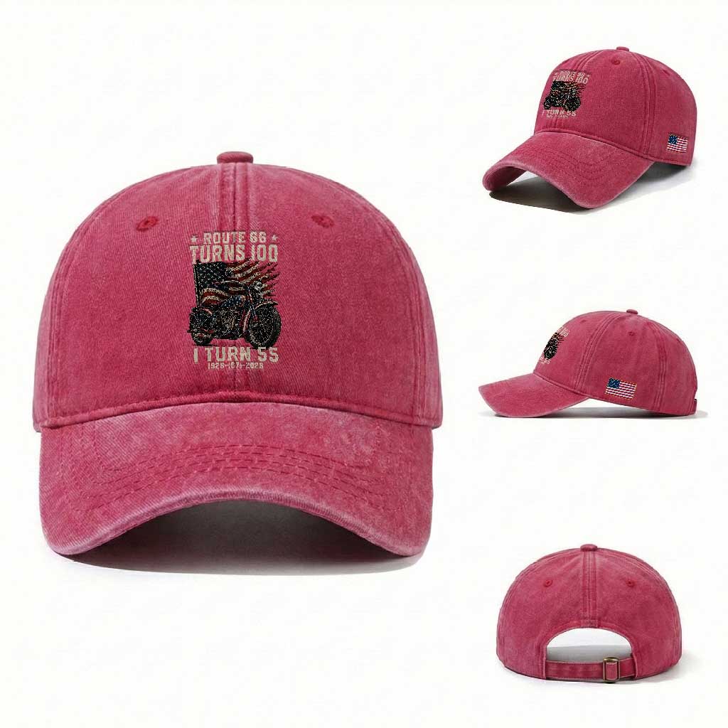 Route Highway 66 Turns 100 I Turn 55 Washed Cotton Baseball Cap Vintage 1971 American Classic V-Twin Motorcycle Lover 55th Birthday Gift
