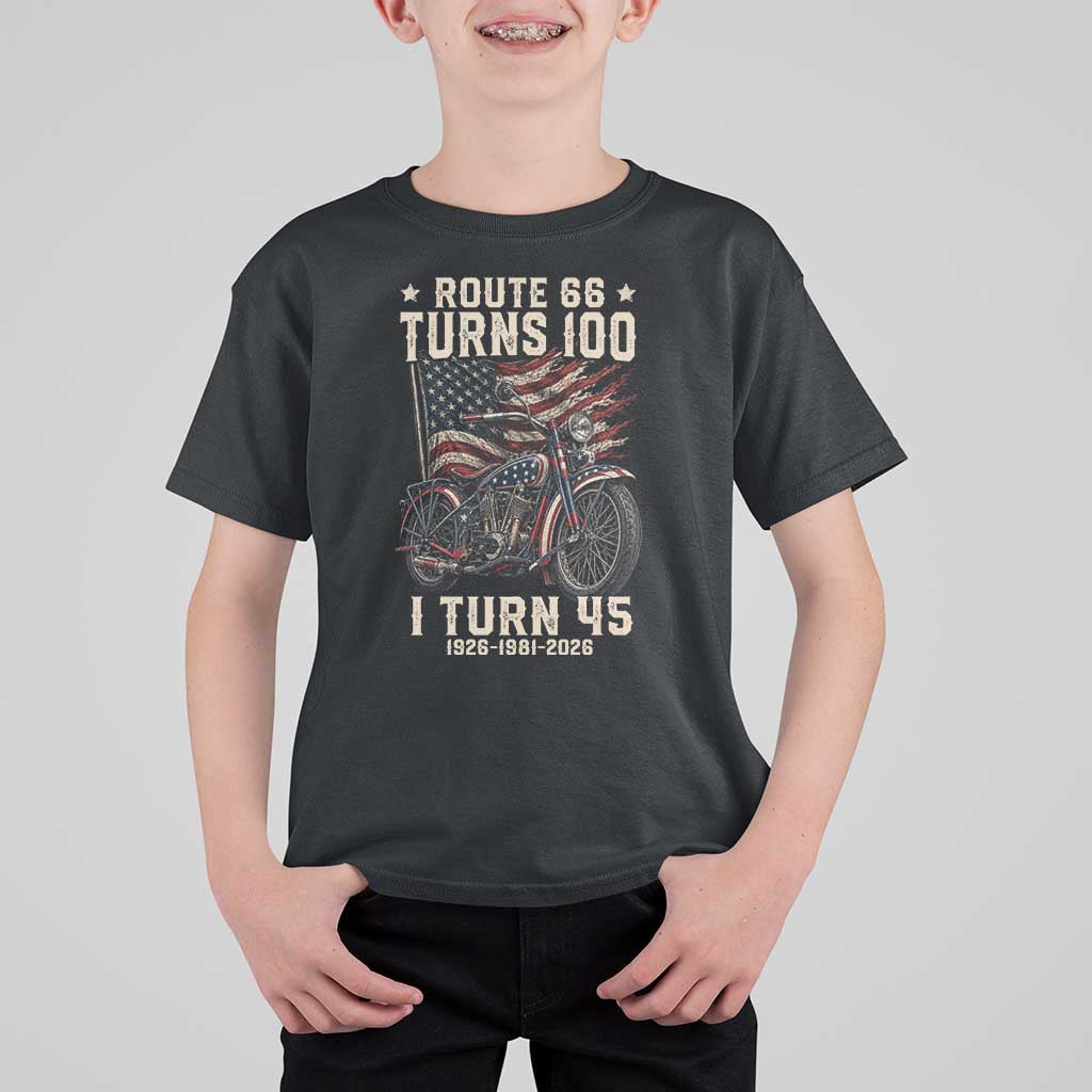 Route Highway 66 Turns 100 I Turn 45 T Shirt For Kid Vintage 1981 American Classic V-Twin Motorcycle Lover 45th Birthday Gift