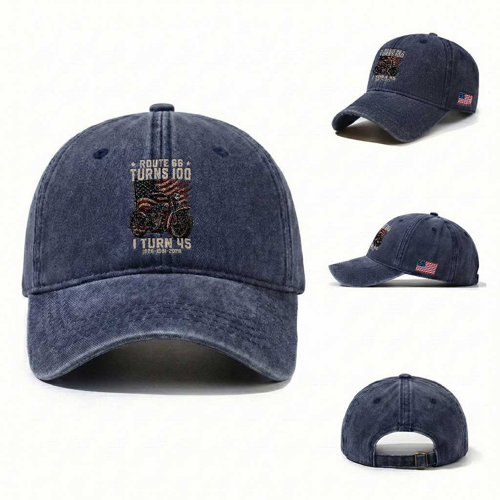 Route Highway 66 Turns 100 I Turn 45 Washed Cotton Baseball Cap Vintage 1981 American Classic V-Twin Motorcycle Lover 45th Birthday Gift