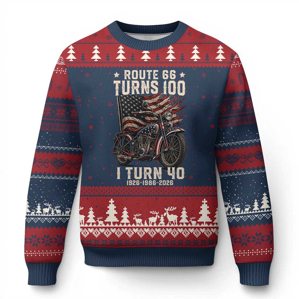 Route Highway 66 Turns 100 I Turn 40 Ugly Christmas Sweater Vintage 1986 American Classic V-Twin Motorcycle Lover 40th Birthday Gift