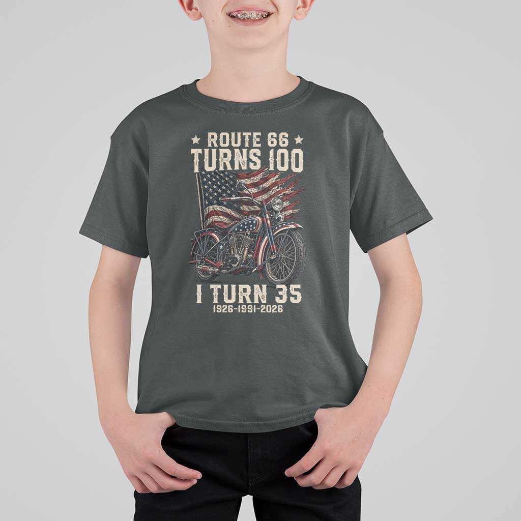 Route Highway 66 Turns 100 I Turn 35 T Shirt For Kid Vintage 1991 American Clasic V-Twin Motorcycle Lover 35th Birthday Gift