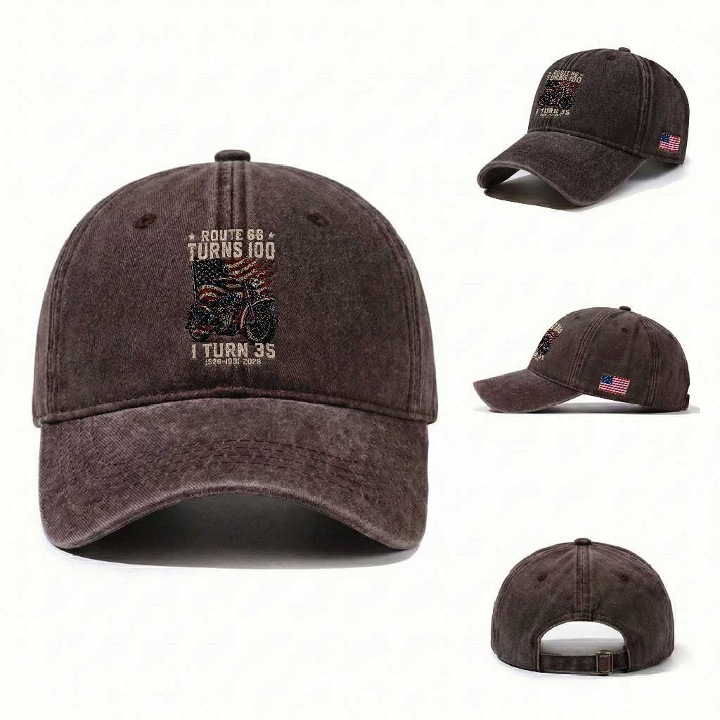 Route Highway 66 Turns 100 I Turn 35 Washed Cotton Baseball Cap Vintage 1991 American Clasic V-Twin Motorcycle Lover 35th Birthday Gift