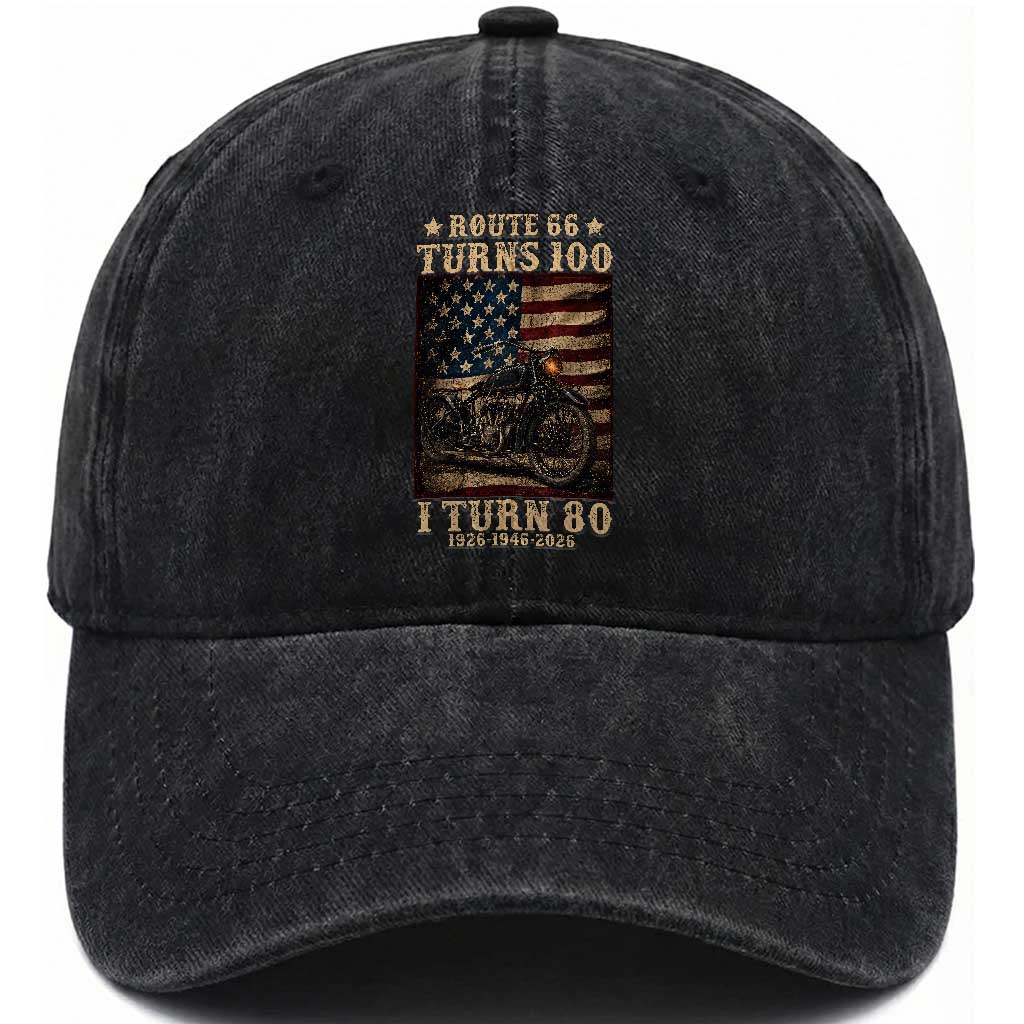 Route Highway 66 Turns 100 I Turn 80 Washed Cotton Baseball Cap Vintage 1946 American Motorcycle Lover 80th Birthday Gift