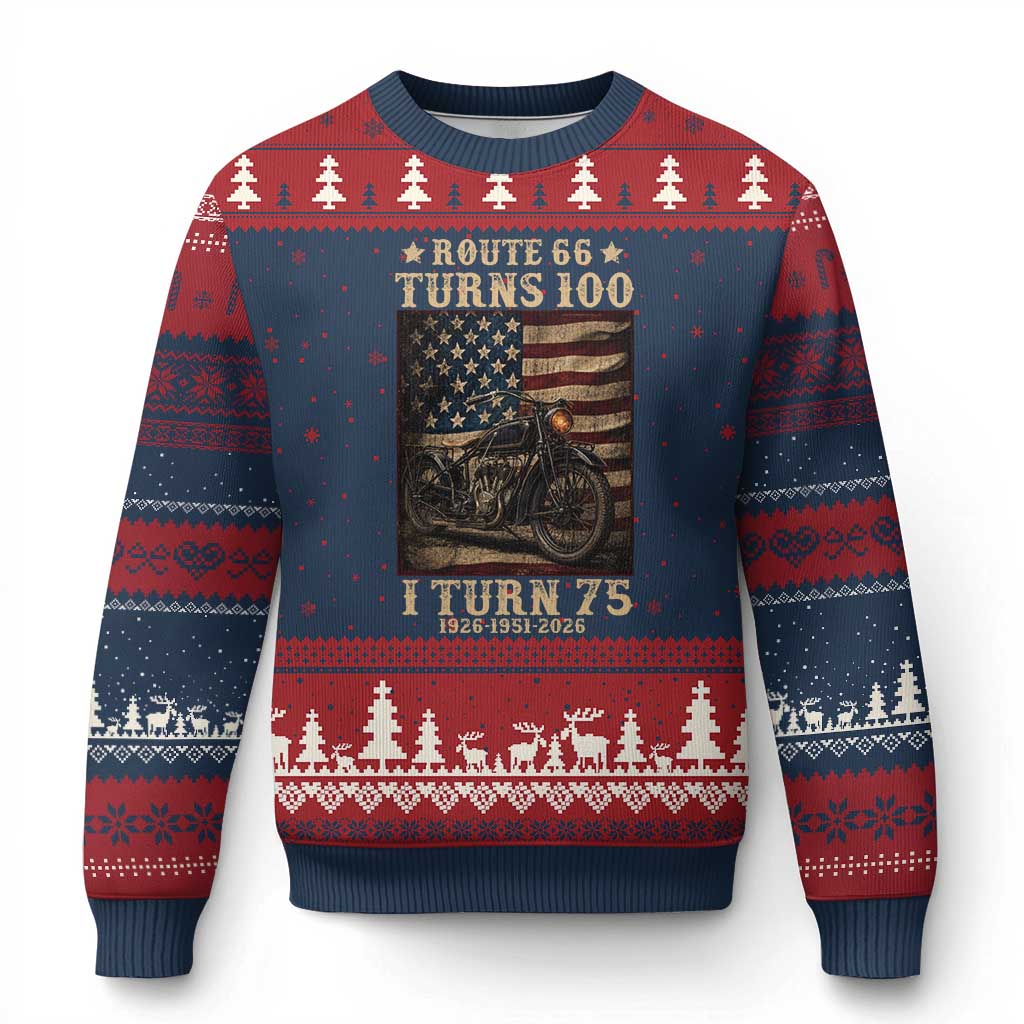 Route Highway 66 Turns 100 I Turn 75 Ugly Christmas Sweater Vintage 1951 American Motorcycle Lover 75th Birthday Gift