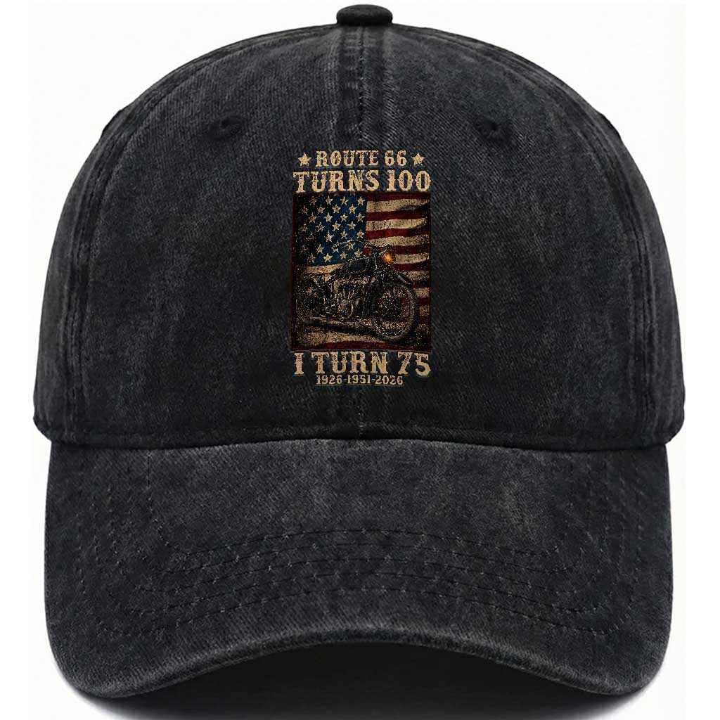 Route Highway 66 Turns 100 I Turn 75 Washed Cotton Baseball Cap Vintage 1951 American Motorcycle Lover 75th Birthday Gift